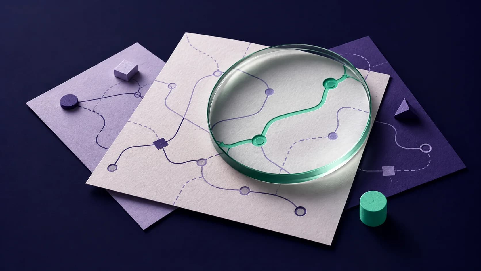 A glass lens highlights a mint-colored path across layered planning sheets.